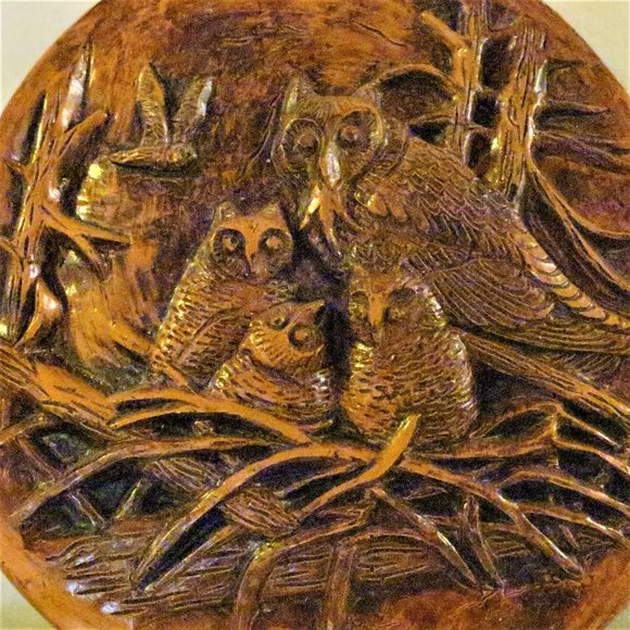 Vintage Plaque Family of Owls in Nest Handmade Carved on Wood Arrco/Saxon - Picture 2 of 4